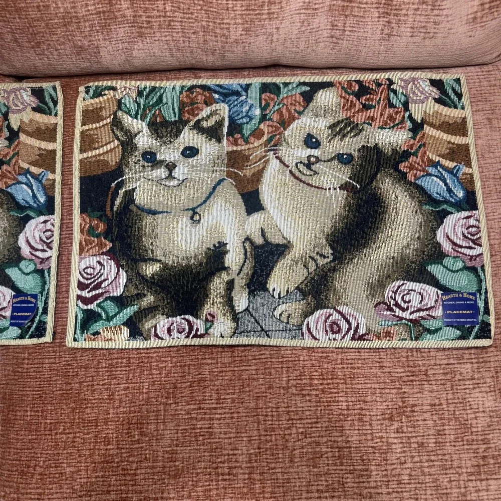 Vintage‎ Hearth & Home Tapestry Placemats Kittens Roses Set of 2 Nidico